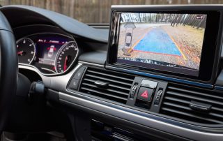 Car interior displaying various safety features