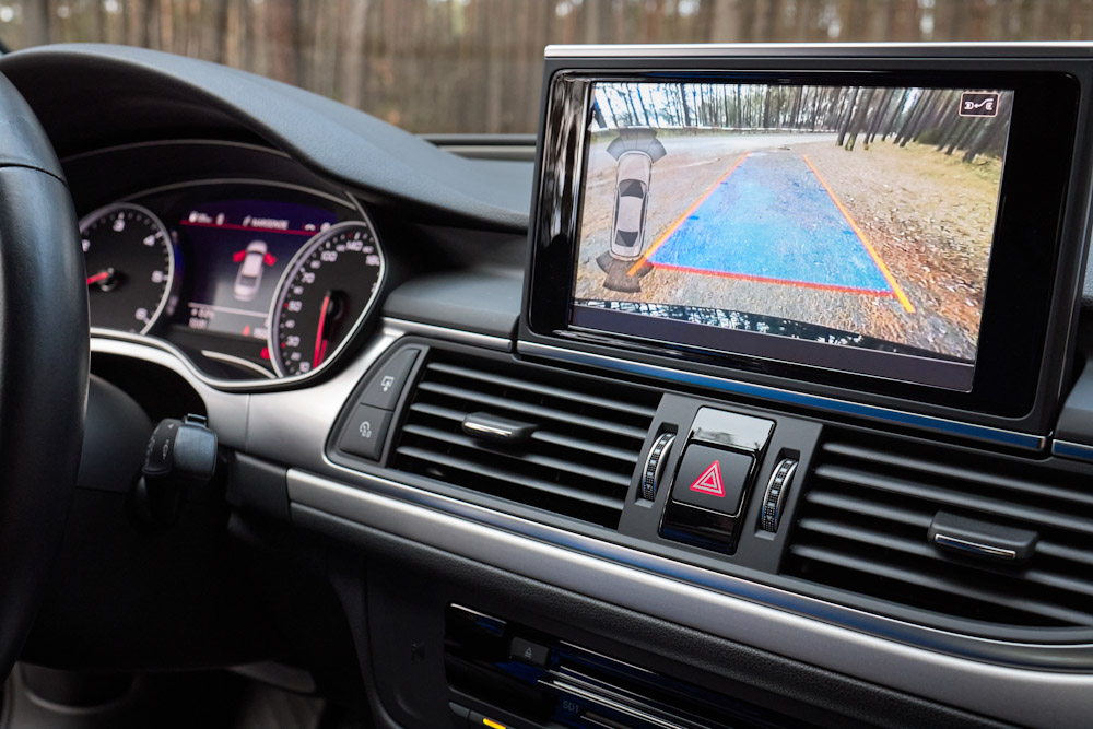 Car interior displaying various safety features