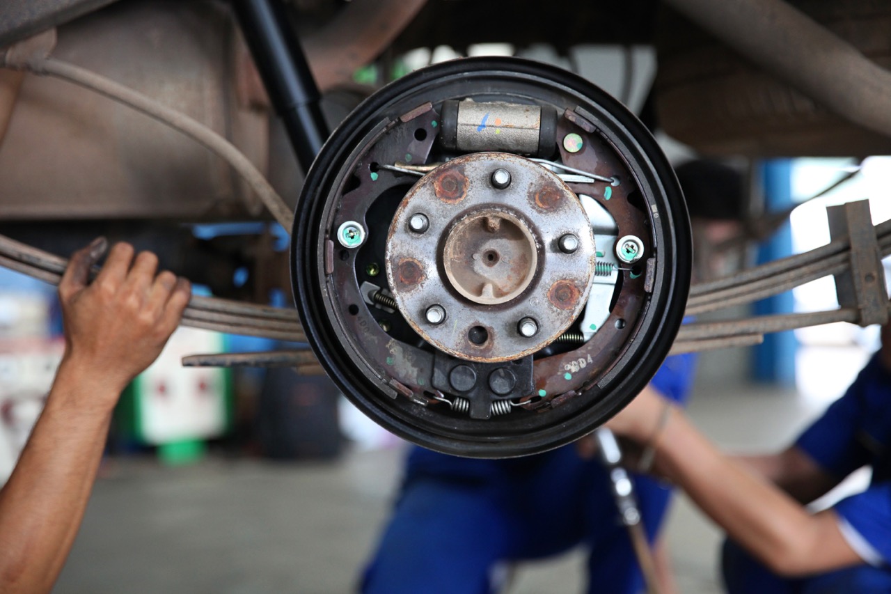 open drum brake in mechanic shop