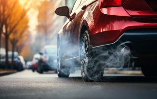 red car exhaust smoking on street