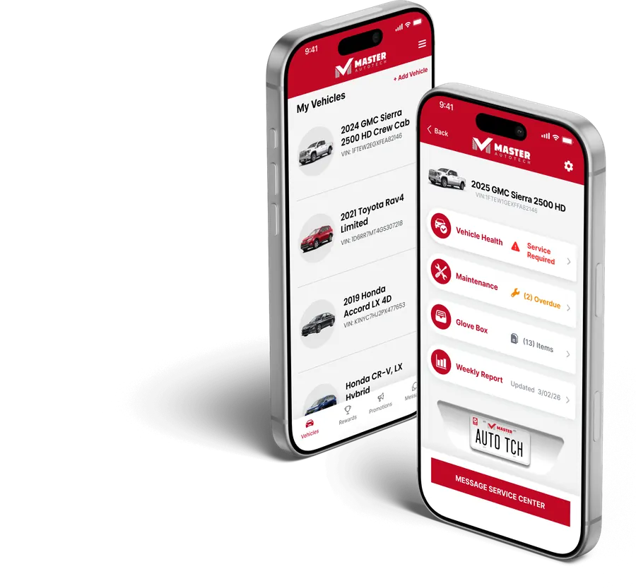 Master AutoTech app showing a vehicle list and a vehicle health dashboard