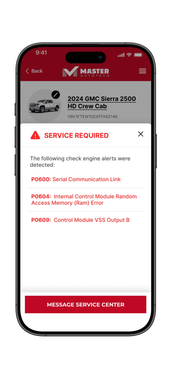 Master AutoTech app showing detected check engine codes with a message service center button